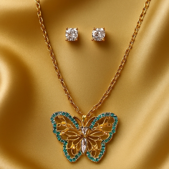 Jewelry - Gold Turquoise Butterfly Pendant Necklace & Stud Earrings Set  – Women’s Jewelry